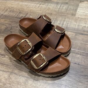 Women’s Birkenstock Arizona Brown Sandals with Big Gold Buckles